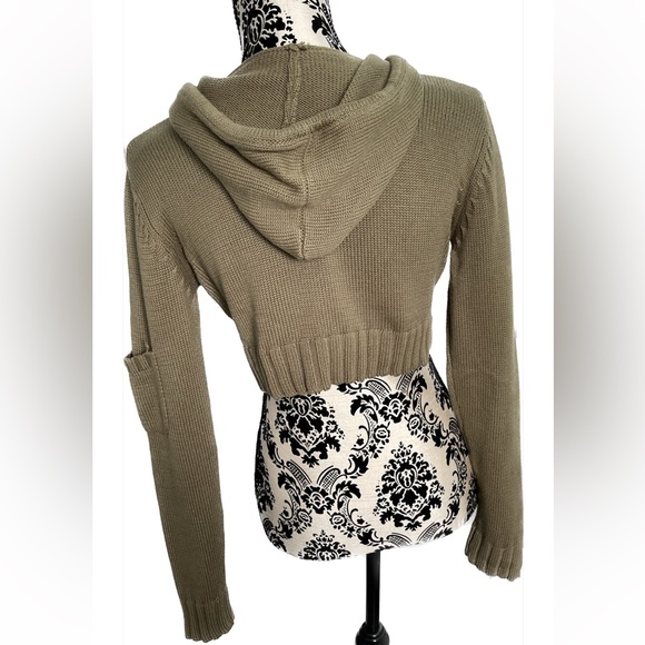 ⛷️Olive Green Long Sleeve Crop Front Hooded Sweater Sz L - Picture 4 of 10
